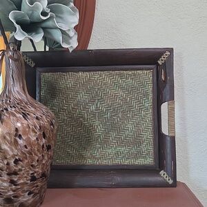 Vintage Woven Green Bamboo Serving Tray with Rustic Dark Wood Frame